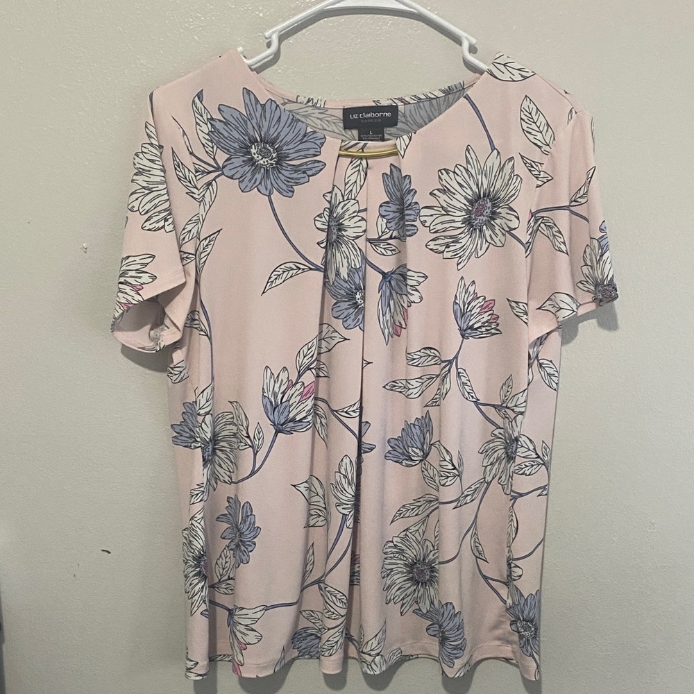 Liz Claiborne Pink Blouse with Blue Floral Design
